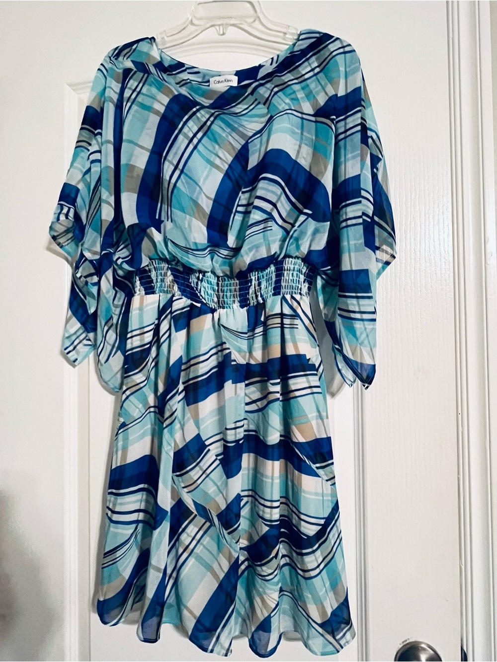 Calvin Klein Chiffon Boat Neck Blue & Navy Elastic-Waist Flutter Sleeve Size 8